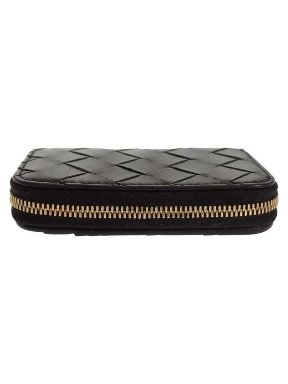 Bottega Veneta Tiny Zip Around Card Slot Coin Purse Lambskin Black Gold